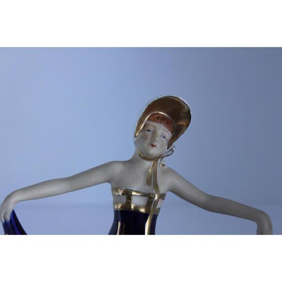 Art Deco Moriyama Dancing Lady Figure Bonnet Cobalt Blue Porcelain Hinode Japan - Picture 2 of 15